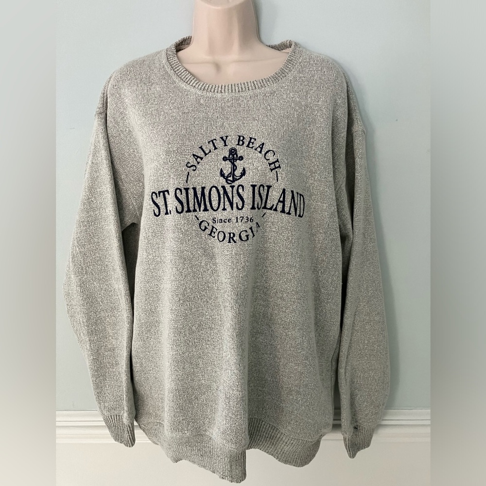 Pacific & Co cotton blend heathered  gray sweater St Simons Island graphic L